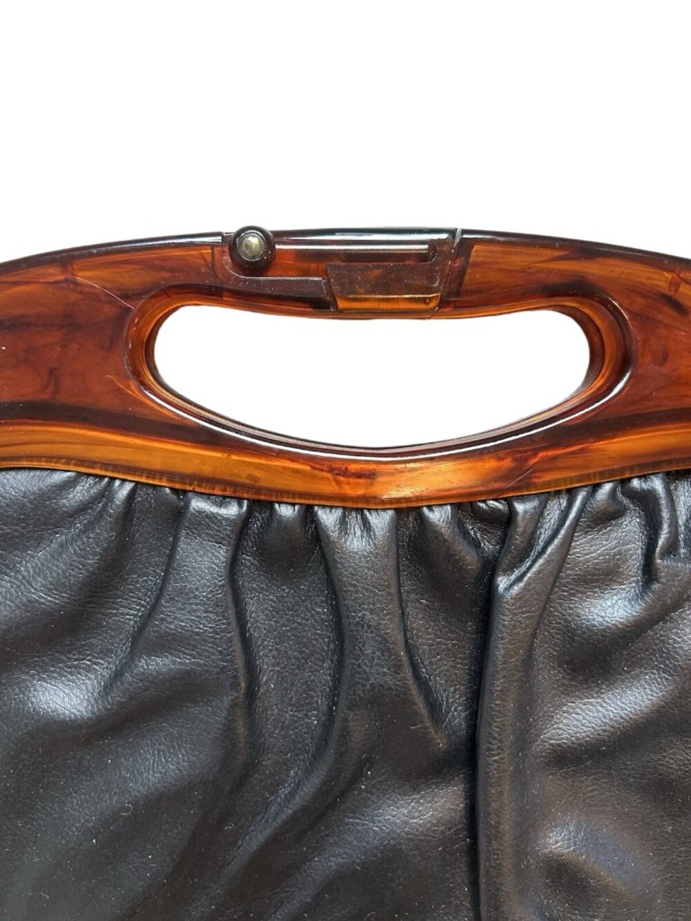 Vintage Black Leather Handbag Tortoiseshell Lucite Frame Clutch Purse Retro MCM - Picture 5 of 16